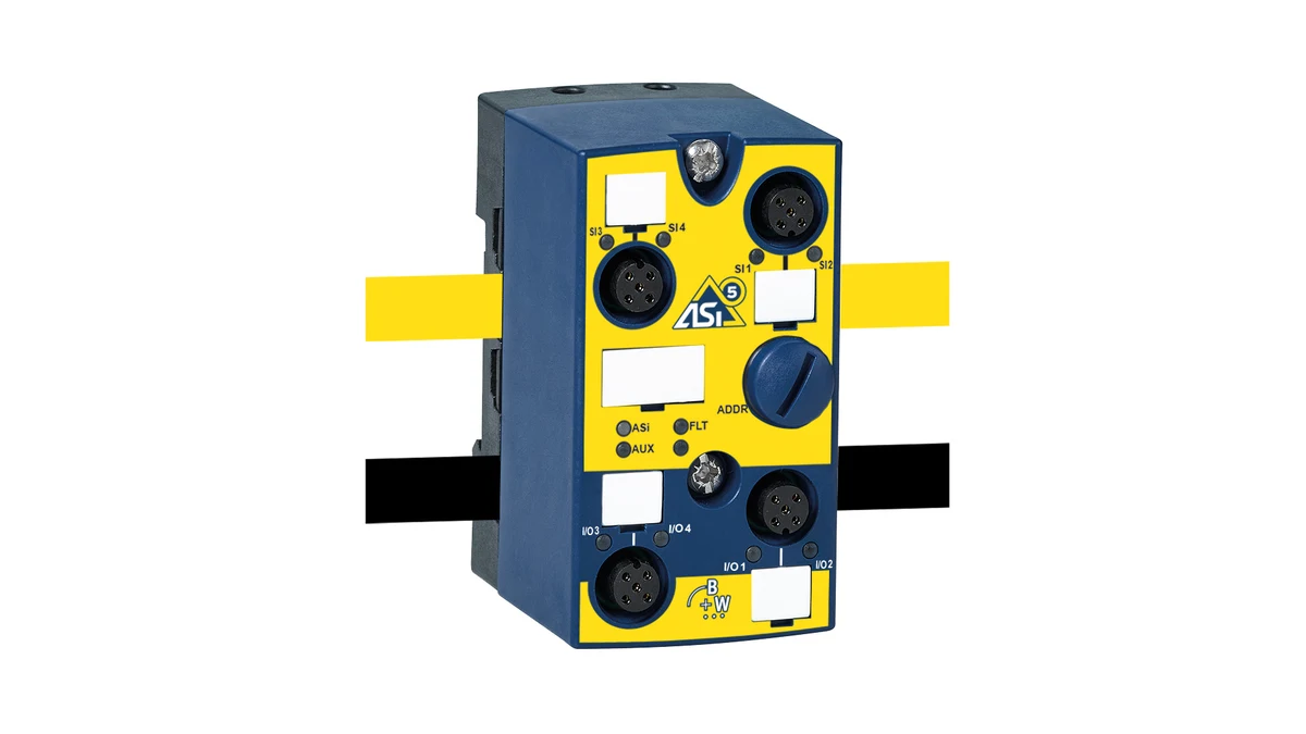 صورة المنتج الرسمية لوحدة الإدخال Bihl+Wiedemann BWU4393 بتقنية ASi-5 Safety ودرجة IP67 وأربعة مقابس M12