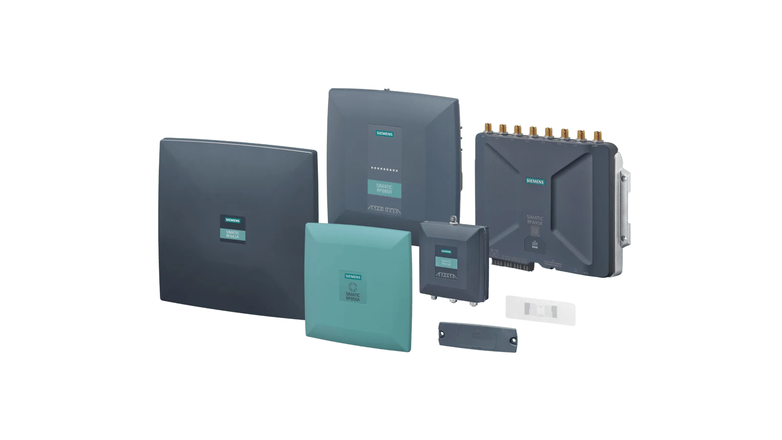 صورة رسمية لعائلة منتجات Siemens SIMATIC RF600 من قارئات UHF والهوائيات والمرسلات المستجيبة